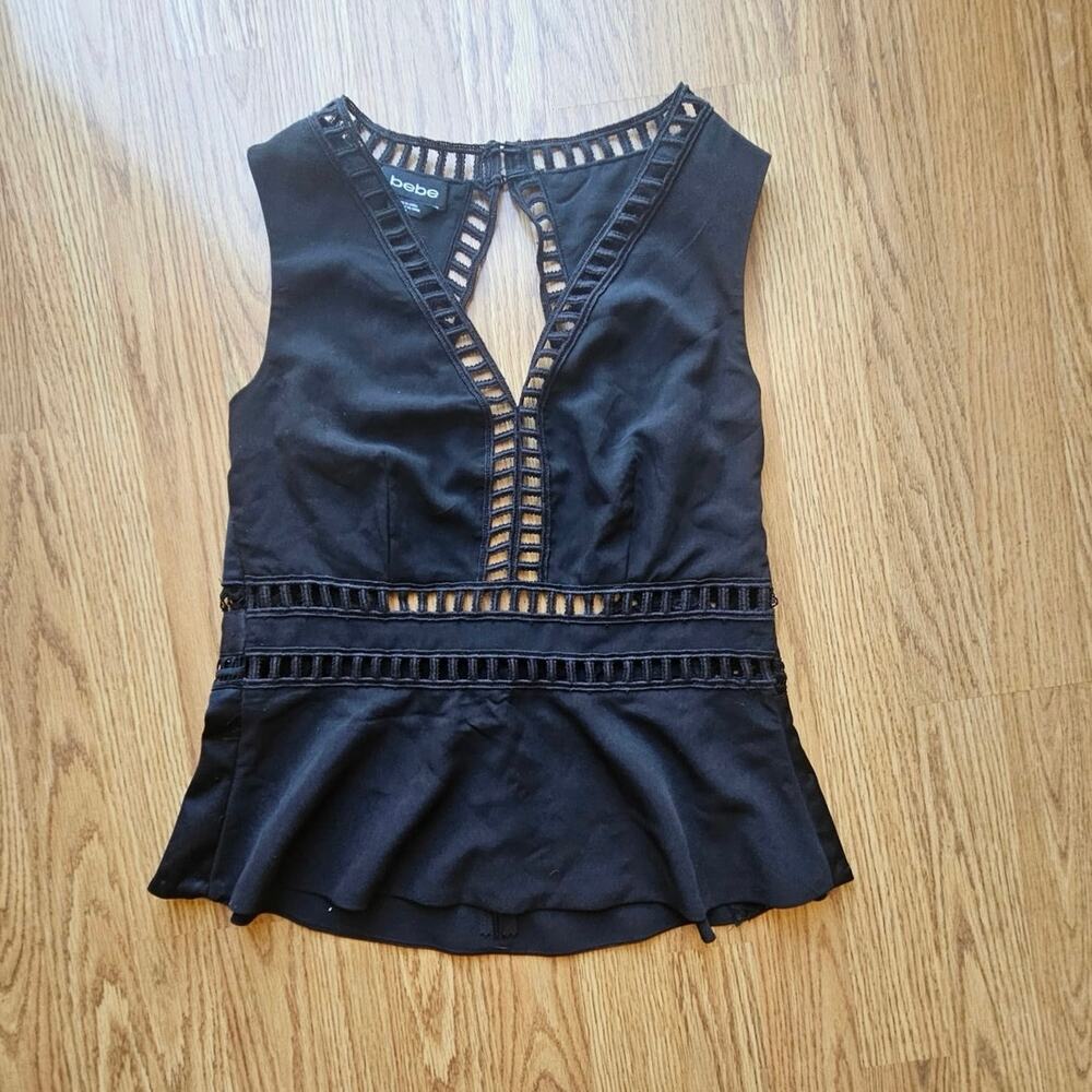 Y2K Bebe Black Peplum Cutout Blouse – Size 6